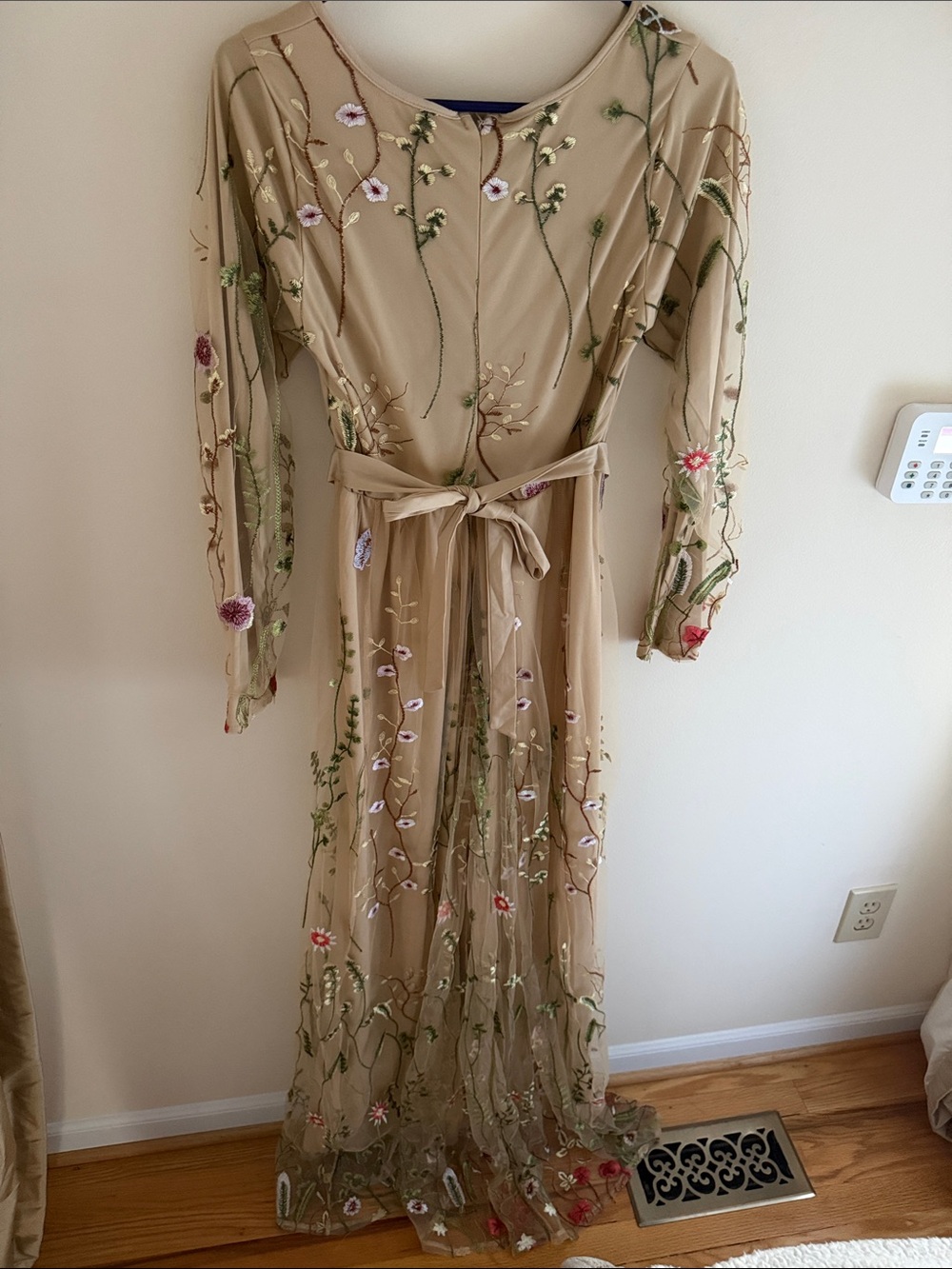 Floral Embroidered Beige Maxi Dress with Tie Waist